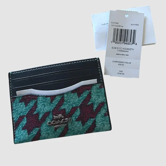 Coach Slim ID Card Case w/Houndstooth Print Teal/Wine/Silver, NWT - Picture 1 of 8